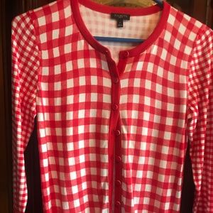 Talbots Womens Petite P Red &  White Checked Cardigan Sweater